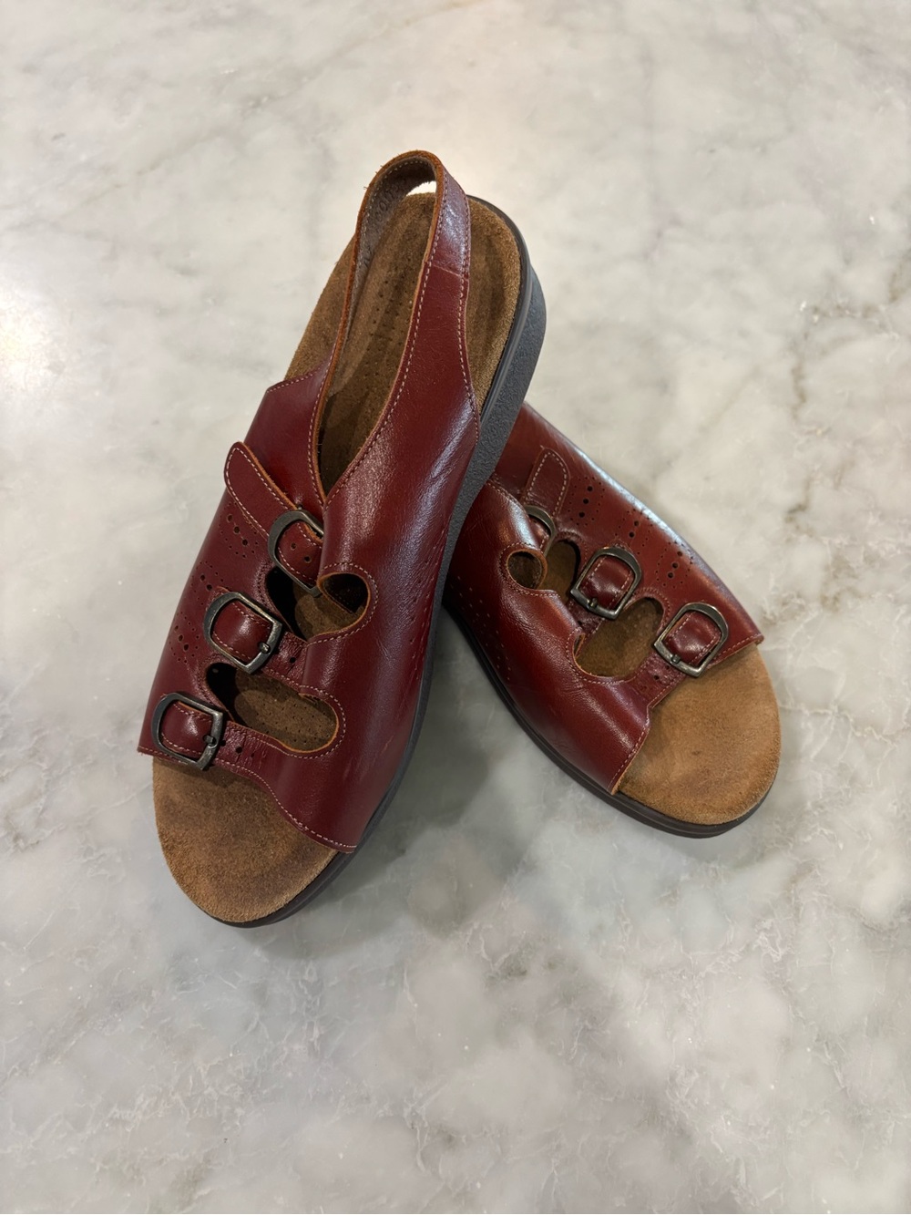 SAS Women's Burgundy Leather Triple-Buckle Slingback Sandals